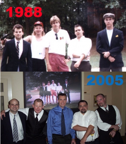 Back in 1988 we were making a short film and took a cast photo. In 2005 Mike Pennington got married in Houston, TX and the cast photo came up in a slideshow Scott Meyer made for Mike. Our friend Tommy Buckner told us all to pose in the same positions and 